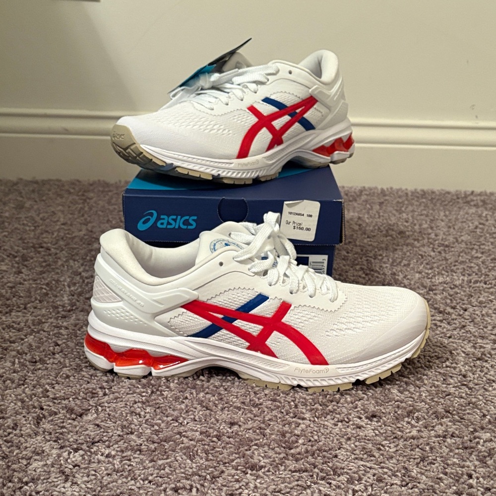 ASICS White Running Shoes with Red and Blue Details